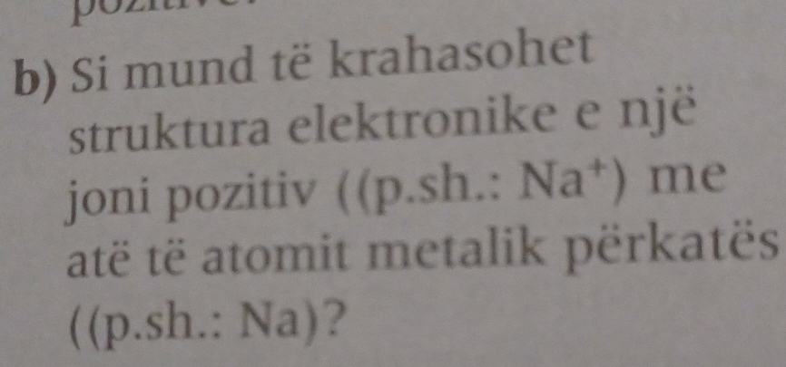 Si mund të krahasohet 
struktura elektronike e një 
joni pozitiv ((p.sh.:Na^+) me 
atë të atomit metalik përkatës
((p.sh.:Na) ?