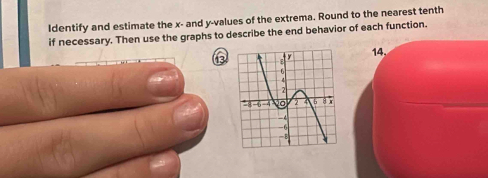 Identify and estimate the x - and y -values of the extrema. Round to the nearest tenth 
if necessary. Then use the graphs to describe the end behavior of each function. 
3 
14.