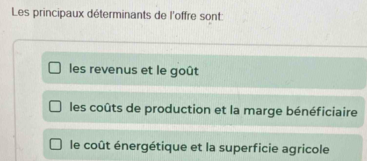 Les principaux déterminants de l'offre sont:
les revenus et le goût
les coûts de production et la marge bénéficiaire
le coût énergétique et la superficie agricole