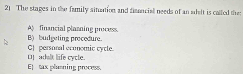 The stages in the family situation and financial needs of an adult is called the:
A) financial planning process.
B) budgeting procedure.
C) personal economic cycle.
D) adult life cycle.
E) tax planning process.