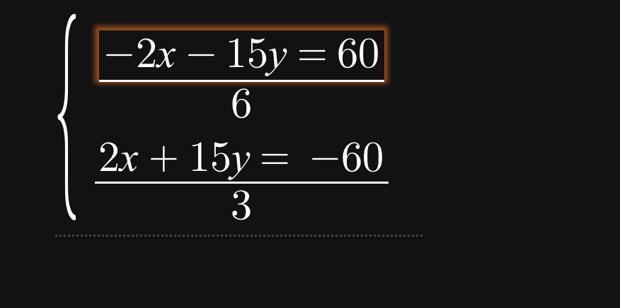 beginarrayl  (-2x-15y-60)/7  2x+15y=-61endarray.