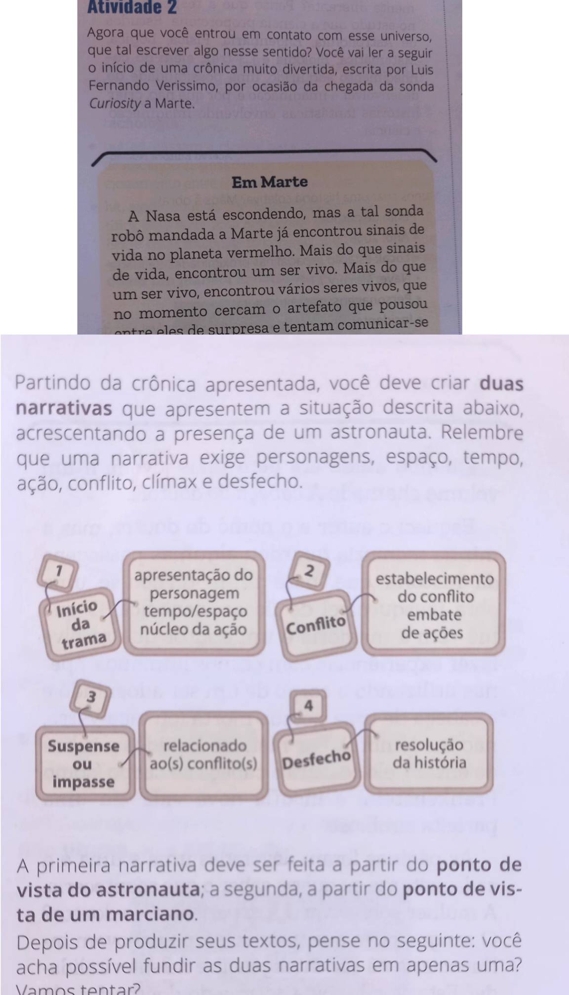 Atividade 2 
Agora que você entrou em contato com esse universo, 
que tal escrever algo nesse sentido? Você vai ler a seguir 
o início de uma crônica muito divertida, escrita por Luis 
Fernando Verissimo, por ocasião da chegada da sonda 
Curiosity a Marte. 
Em Marte 
A Nasa está escondendo, mas a tal sonda 
robô mandada a Marte já encontrou sinais de 
vida no planeta vermelho. Mais do que sinais 
de vida, encontrou um ser vivo. Mais do que 
um ser vivo, encontrou vários seres vivos, que 
no momento cercam o artefato que pousou 
on tre e es de surpresa e tentam comunicar-se 
Partindo da crônica apresentada, você deve criar duas 
narrativas que apresentem a situação descrita abaixo, 
acrescentando a presença de um astronauta. Relembre 
que uma narrativa exige personagens, espaço, tempo, 
ação, conflito, clímax e desfecho. 
1 
apresentação do 2 estabelecimento 
personagem do conflito 
Início tempo/espaço embate 
da núcleo da ação Conflito de ações 
trama 
3 
4 
Suspense relacionado resolução 
ou ao(s) conflito(s) Desfecho da história 
impasse 
A primeira narrativa deve ser feita a partir do ponto de 
vista do astronauta; a segunda, a partir do ponto de vis- 
ta de um marciano. 
Depois de produzir seus textos, pense no seguinte: você 
acha possível fundir as duas narrativas em apenas uma? 
Vamos tentar?