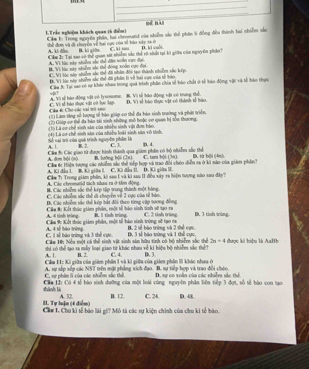 DE
I.Trắc nghiệm khách quan (6 điểm)
Câu 1: Trong nguyên phân, hai chromatid của nhiễm sắc thể phân li đồng đều thành hai nhiễm sắc
thể đơn và di chuyển về hai cực của tế bào xây ra ở
A. kì đầu. B, kì giữa. C. ki sau. D. kì cuối
Câu 2: Tại sao có thể quan sát nhiễm sắc thể rõ nhất tại kì giữa của nguyên phần?
A. Vì lúc này nhiễm sắc thể dân xoán cực đại.
B. Vì lúc này nhiễm sắc thể đóng xoắn cực đại.
C. Vì lúc này nhiễm sắc thể đã nhân đôi tạo thành nhiễm sắc kép.
D. Vì lúc này nhiễm sắc thể đã phân li về hai cực của tế bào.
Câu 3: Tại sao có sự khác nhau trong quá trình phân chia tế bảo chất ở tế bảo động vật và tế bảo thực
vật?
A. Vì tế bào động vật có lysosome. B. Vì tế bào động vật có trung thể.
C. Vì tế bào thực vật có lục lạp. D. Vì tế bào thực vật có thành tế bào.
Câu 4: Cho các vai trò sau:
(1) Làm tăng số lượng tế bào giúp cơ thể đa bào sinh trưởng và phát triển.
(2) Giúp cơ thể đa bào tái sinh những mô hoặc cơ quan bị tôn thương.
(3) Là cơ chế sinh sản của nhiều sinh vật đơn bào.
(4) Là cơ chế sinh sản của nhiều loài sinh sản vô tính.
Số vai trò của quá trình nguyên phân là D. 4.
A. 1. B. 2. C. 3.
Câu 5: Các giao tử được hình thành qua giảm phân có bộ nhiễm sắc thể
A. dơn bội (n). B. lưỡng bội (2n). C. tam bội (3n). D. tứ bội (4n).
Cầu 6: Hiện tượng các nhiễm sắc thể tiếp hợp và trao đổi chéo diễn ra ở kì nào của giảm phân?
A. Ki đầu I. B. Kì giữa I. C. Kì đầu II. D. Kỉ giữa II.
Cầu 7: Trong giảm phân, kì sau I và kì sau II đều xảy ra hiện tượng nào sau đây?
A. Các chromatid tách nhau ra ở tâm động.
B. Các nhiễm sắc thể kép tập trung thành một hàng.
C. Các nhiễm sắc thể di chuyển về 2 cực của tế bào.
D. Các nhiễm sắc thể kép bắt đôi theo từng cặp tương đồng
Câu 8: Kết thúc giảm phân, một tế bảo sinh tinh sẽ tạo ra
A. 4 tinh trùng. B. 1 tinh trùng C. 2 tinh trùng. D. 3 tinh trùng.
Câu 9: Kết thúc giảm phân, một tế bảo sinh trứng sẽ tạo ra
A. 4 tế bào trứng. B. 2 tế bào trứng và 2 thể cực.
C. 1 tế bào trứng và 3 thể cực. D. 3 tế bào trứng và 1 thể cực.
Câu 10: Nếu một cá thể sinh vật sinh sản hữu tính có bộ nhiễm sắc thể 2n=4 được kí hiệu là AaBb
thì có thể tạo ra mấy loại giao tử khác nhau về kí hiệu bộ nhiễm sắc thể?
A. 1 B. 2. C. 4. D. 3.
Câu 11: Kì giữa của giảm phân I và kì giữa của giảm phân II khác nhau ở
A. sự sắp xếp các NST trên mặt phẳng xích đạo. B. sự tiếp hợp và trao đổi chéo.
C. sự phân li của các nhiễm sắc thể. D. sự co xoắn của các nhiễm sắc thể.
Cầu 12: Có 4 tế bào sinh dưỡng của một loài cùng nguyên phân liên tiếp 3 đợt, số tế bào con tạo
thành là
A. 32. B. 12. C. 24. D. 48.
II. Tự luận (4 điểm)
Cầu 1. Chu kì tế bào lài gì? Mô tả các sự kiện chính của chu kì tế bào.