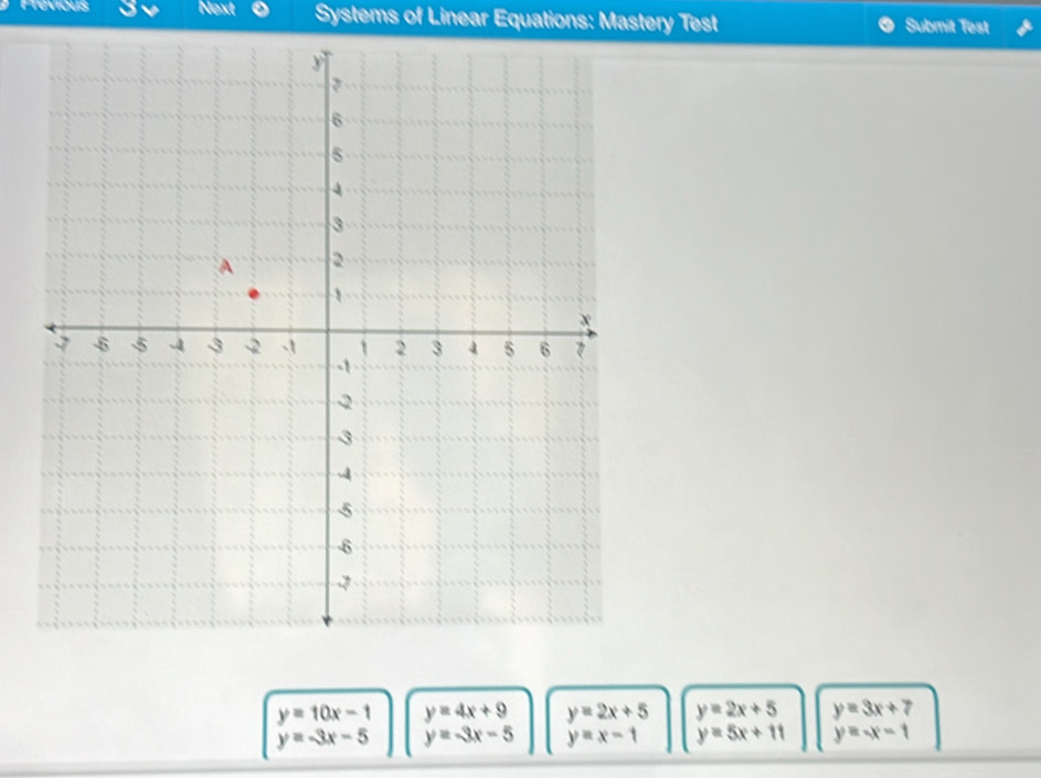 Previçus Next Systems of Linear Equations: Mastery Test Submit Test
beginarrayr y=10x-1 y=-3x-5endarray y=4x+9 y=2x+5 y=2x+5 y=3x+7
y=-3x-5 y=x-1 y=5x+11 y=-x-1