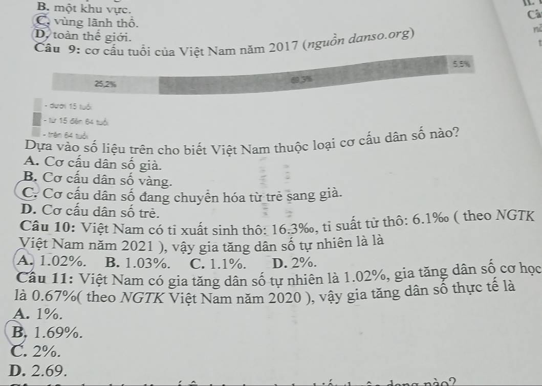 Cả
B. một khu vực. nì
C. vùng lãnh thổ.
Dy toàn thế giới.
Câu 9: cơ cấu tuổi của Việt Nam năm 2017 (nguồn danso.org)
I
5.5%
25.2%
- dưới 15 tuổi
- từ 15 đến 64 tuổi
- trên 64 tuổi
Dựa vào số liệu trên cho biết Việt Nam thuộc loại cơ cấu dân số nào?
A. Cơ cấu dân số già.
B. Cơ cấu dân số vàng.
C. Cơ cấu dân số đang chuyển hóa từ trẻ sang già.
D. Cơ cấu dân số trẻ.
Câu 10: Việt Nam có tỉ xuất sinh thô: 16.3‰, tỉ suất tử thô: 6.1‰ ( theo NGTK
Việt Nam năm 2021 ), vậy gia tăng dân số tự nhiên là là
A. 1.02%. B. 1.03%. C. 1.1%. D. 2%.
Câu 11: Việt Nam có gia tăng dân số tự nhiên là 1.02%, gia tăng dân số cơ học
là 0.67% ( theo NGTK Việt Nam năm 2020 ), vậy gia tăng dân số thực tế là
A. 1%.
B. 1.69%.
C. 2%.
D. 2.69.
I