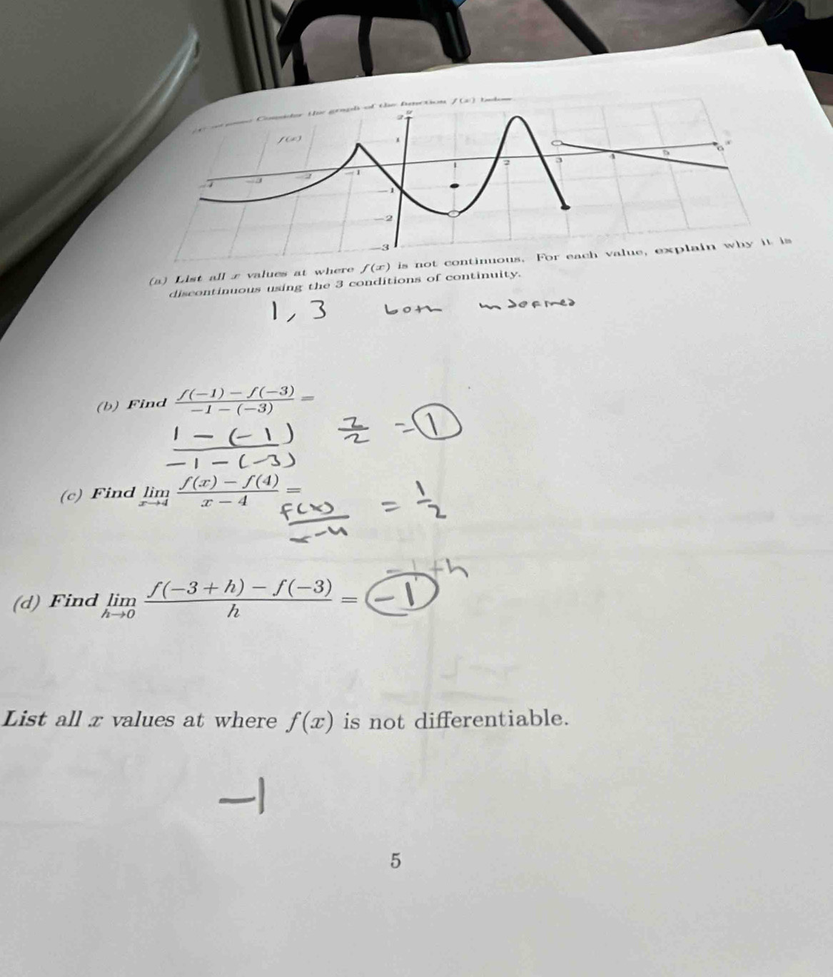 List all  £ values at where f(x) is n
discontinuous using the 3 conditions of continuity.
(b) Find  (f(-1)-f(-3))/-1-(-3) =
 (1-(-1))/-1-(-3) 
(c) Find limlimits _xto 4 (f(x)-f(4))/x-4 =
(d) Find limlimits _hto 0 (f(-3+h)-f(-3))/h =(
List all x values at where f(x) is not differentiable.
5