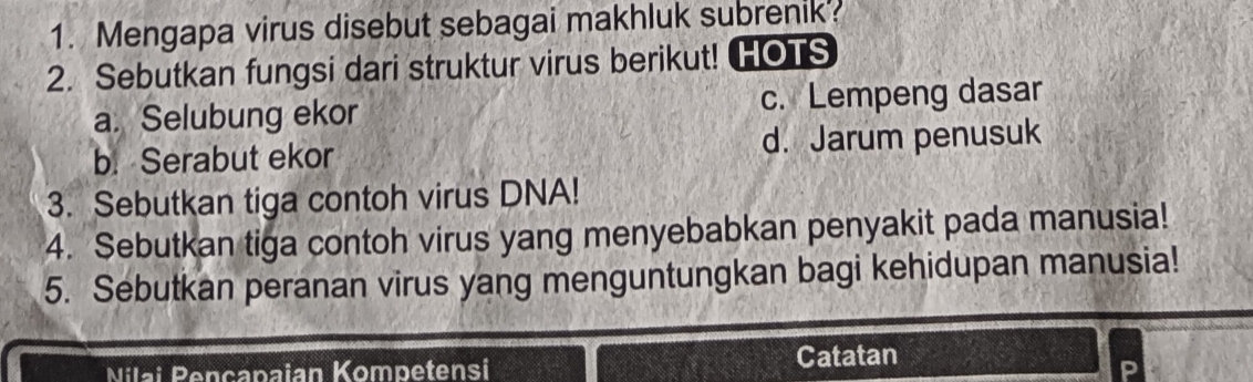 Mengapa virus disebut sebagai makhluk subrenik?
2. Sebutkan fungsi dari struktur virus berikut! HOTS
a. Selubung ekor c. Lempeng dasar
b. Serabut ekor d. Jarum penusuk
3. Sebutkan tiga contoh virus DNA!
4. Sebutkan tiga contoh virus yang menyebabkan penyakit pada manusia!
5. Sebutkan peranan virus yang menguntungkan bagi kehidupan manusia!
Nilai Pençapaian Kompetensi Catatan