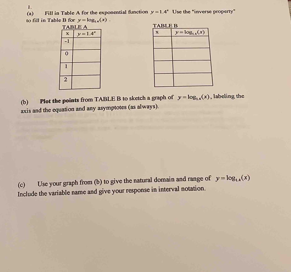 Fill in Table A for the exponential function y=1.4^x Use the "inverse property"
to fill in Table B for y=log _14(x).

(b) Plot the points from TABLE B to sketch a graph of y=log _1.4(x) , labeling the
axis and the equation and any asymptotes (as always).
(c) Use your graph from (b) to give the natural domain and range of y=log _1.4(x)
Include the variable name and give your response in interval notation.