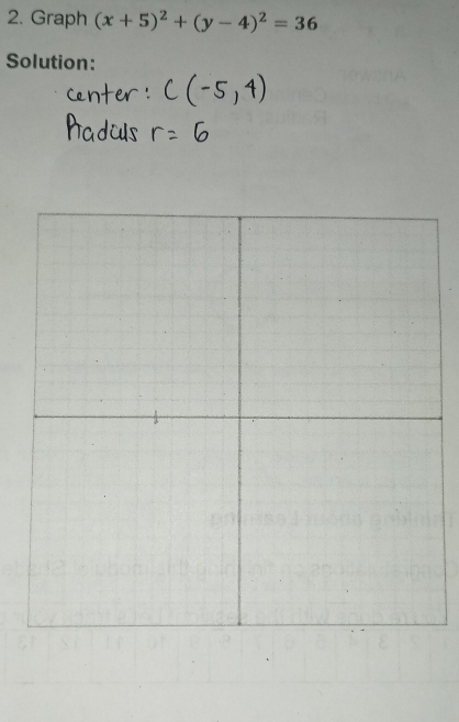 Graph (x+5)^2+(y-4)^2=36
Solution:
