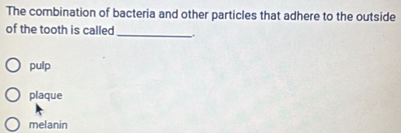 The combination of bacteria and other particles that adhere to the outside
of the tooth is called
_.
pulp
plaque
melanin