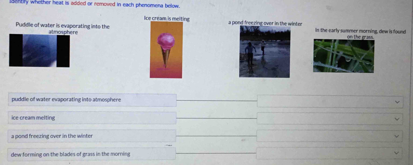 Identify whether heat is added or removed in each phenomena below.
Ice cream is melting a pond freezing over in the winter
Puddle of water is evaporating into the In the early summer morning, dew is found
atmosphe on the grass.
puddle of water evaporating into atmosphere
ice cream melting
a pond freezing over in the winter
dew forming on the blades of grass in the morning