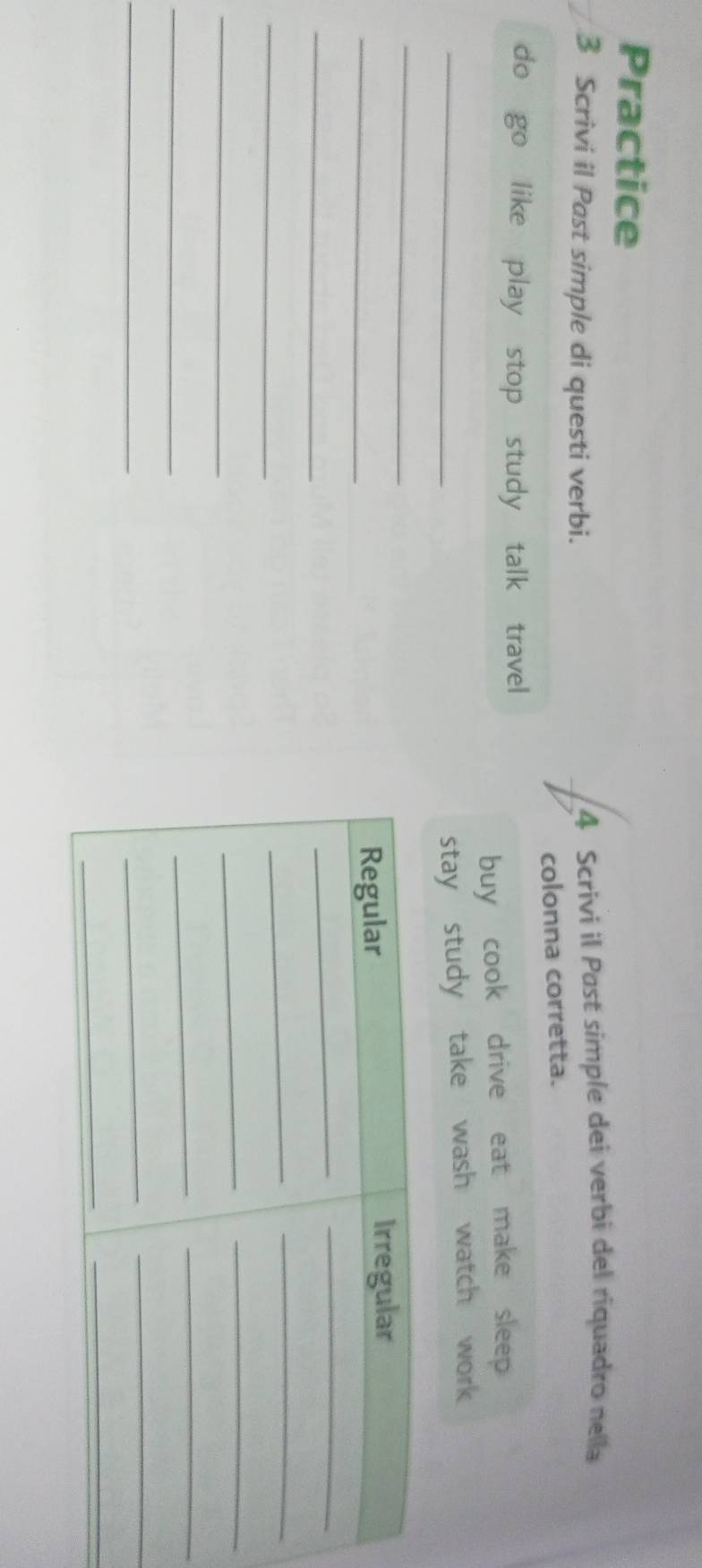 Practice 
3 Scrivi il Past simple di questi verbi. 4 Scrivi il Past simple dei verbi del riquadro nella 
colonna corretta. 
do go like play stop study talk travel 
buy cook drive eat make sleep 
_stay study take wash watch work 
_ 
_ 
_ 
_ 
_ 
_ 
_