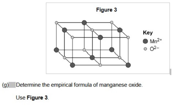 Figure 3 
Key
Mn^(2+)
O^(2-)
(g) Determine the empirical formula of manganese oxide. 
Use Figure 3.