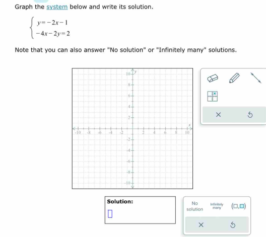 Graph the system below and write its solution.
beginarrayl y=-2x-1 -4x-2y=2endarray.
Note that you can also answer "No solution" or "Infinitely many" solutions.
x+
X
Solution: Infinitelly . 1 (□ ,□ )
No
sollution