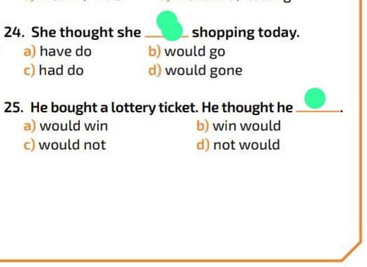 She thought she _shopping today.
a) have do b) would go
c) had do d) would gone
25. He bought a lottery ticket. He thought he _.
a) would win b) win would
c) would not d) not would