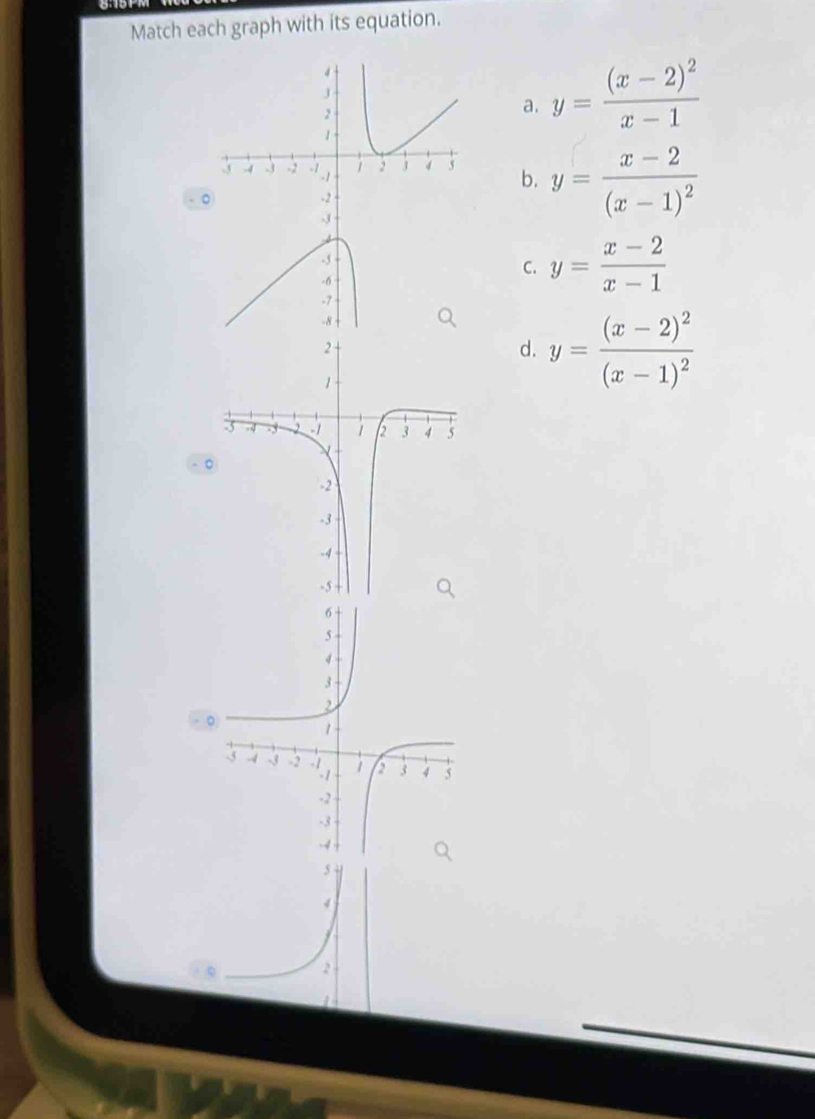 Match each graph with its equation.
a. y=frac (x-2)^2x-1
b. y=frac x-2(x-1)^2
C. y= (x-2)/x-1 
d. y=frac (x-2)^2(x-1)^2