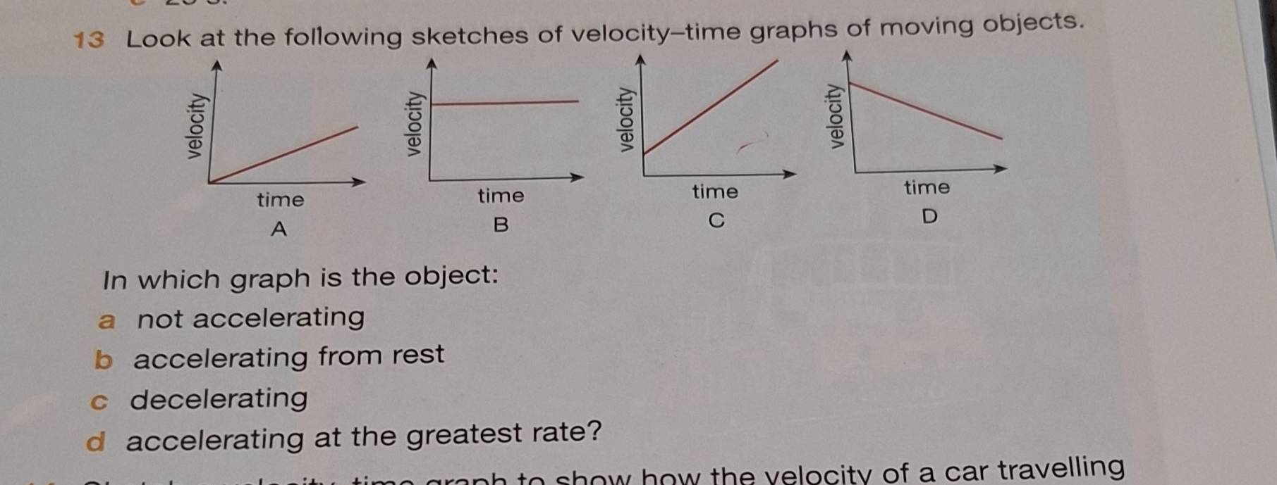 Look at the following sketches of velocity-time graphs of moving objects.

A
B
C
D
In which graph is the object:
a not accelerating
b accelerating from rest
c decelerating
d accelerating at the greatest rate?
raph to show how the velocity of a car travelling .