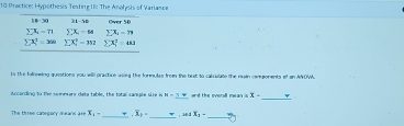 Practice: Hypothesis Testing II: The Anohysis of Variampe
to the fallewing questions you will practive ung the formulas from the brst to calculate the ruin components of an A OW.
_
Accarding to the semears data table, the total sangle sire is H=_  and the overall mean =x-
The three category means are X_2= X_2= _ undX_1- _