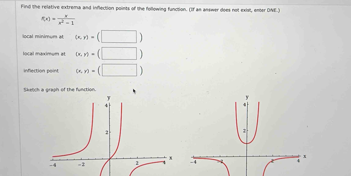 Find the relative extrema and inflection points of the following function. (If an answer does not exist, enter DNE.)
f(x)= x/x^2-1 
local minimum at (x,y)=(□ )
local maximum at (x,y)=(□ )
inflection point (x,y)=(□ )
Sketch a graph of the function.