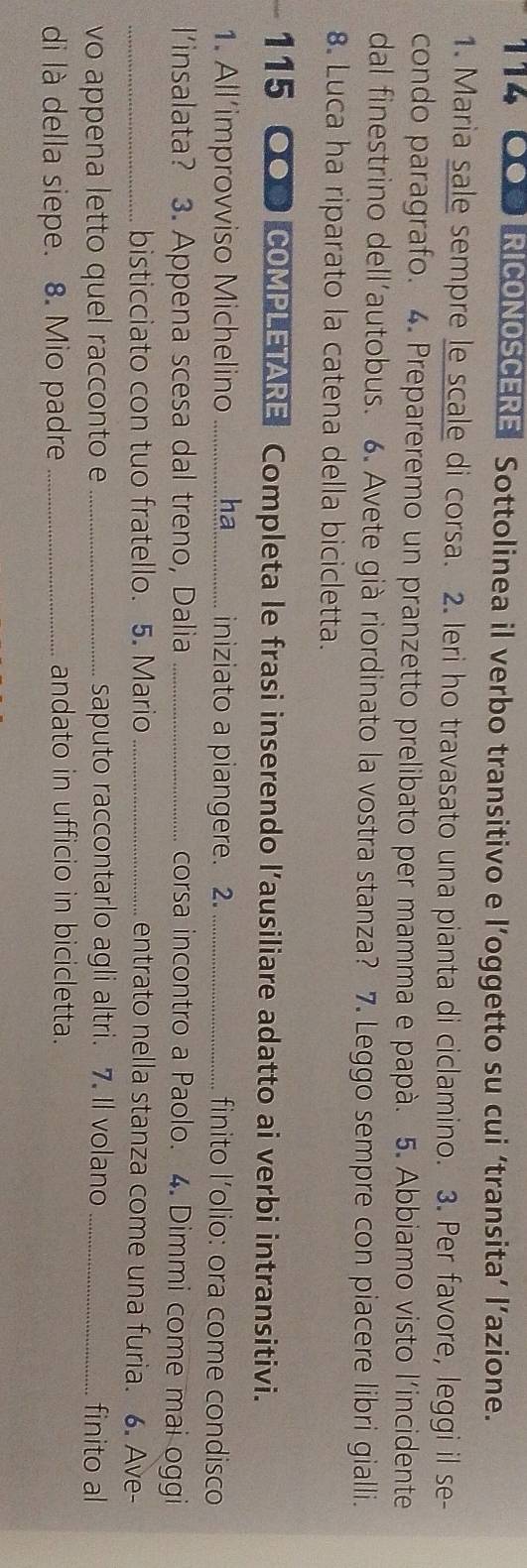 114 0O0 RICONOSCERE Sottolinea il verbo transitivo e l’oggetto su cui ‘transita’ l’azione. 
1. Maria sale sempre le scale di corsa. 2. Ieri ho travasato una pianta di ciclamino. 3. Per favore, leggi il se- 
condo paragrafo. 4. Prepareremo un pranzetto prelibato per mamma e papà. 5. Abbiamo visto l'incidente 
dal finestrino dell’autobus. 6. Avete già riordinato la vostra stanza? 7. Leggo sempre con piacere libri gialli. 
8. Luca ha riparato la catena della bicicletta. 
-115 〇OO COMPLETARE Completa le frasi inserendo l’ausiliare adatto ai verbi intransitivi. 
1. All’improvviso Michelino _ha_ iniziato a piangere. 2. _finito l’olio: ora come condisco 
l'insalata? 3. Appena scesa dal treno, Dalia _corsa incontro a Paolo. 4. Dimmi come mai oggi 
_bisticciato con tuo fratello. 5. Mario _entrato nella stanza come una furia. 6. Ave- 
vo appena letto quel racconto e_ saputo raccontarlo agli altri. 7. Il volano _finito al 
di là della siepe. 8. Mio padre _andato in ufficio in bicicletta.