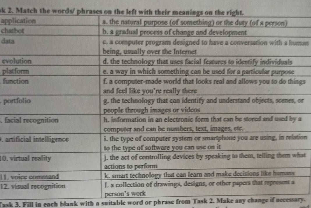 sk 2. Matc 
app 
cha 
datan 
ev 
pl 
fugs 
. por 
. faa 
. aron 
10. at 
11. 
12. 
Task 3. Fill in each blank with a suitable word or phrase from Task 2. Make any change if necessary.