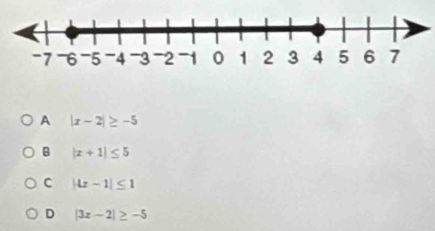 A |x-2|≥ -5
B |x+1|≤ 5
C |4x-1|≤ 1
D |3x-2|≥ -5