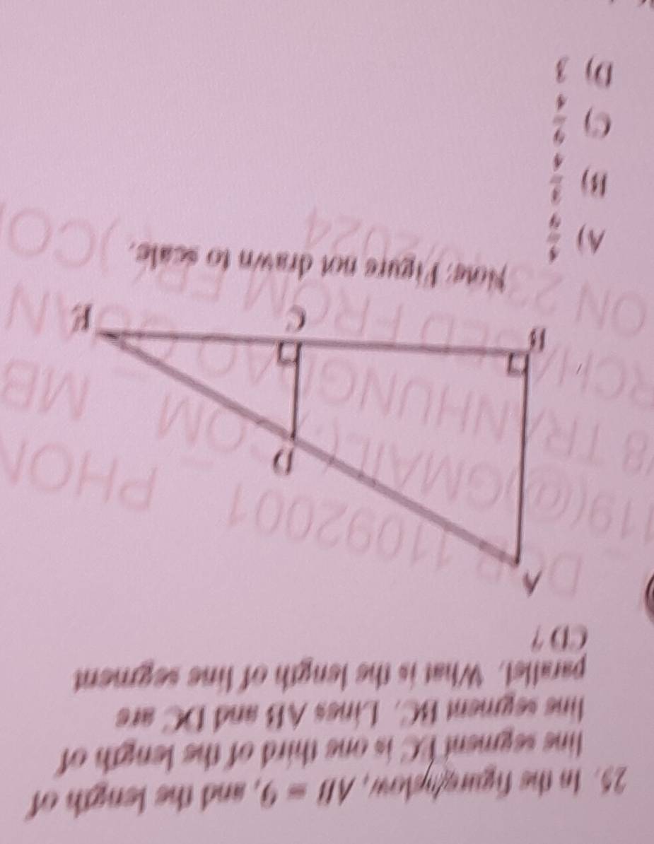 In the figurg/yslow, AB=9 , and the length of
line segment EC is one third of the length of
line segment BC. Lines AB and DC are
parallel. What is the length of line segment
CD ?
Note: Figure not drawn to scale.
A)  4/9 
B)  3/4 
C)  9/4 
D) 3