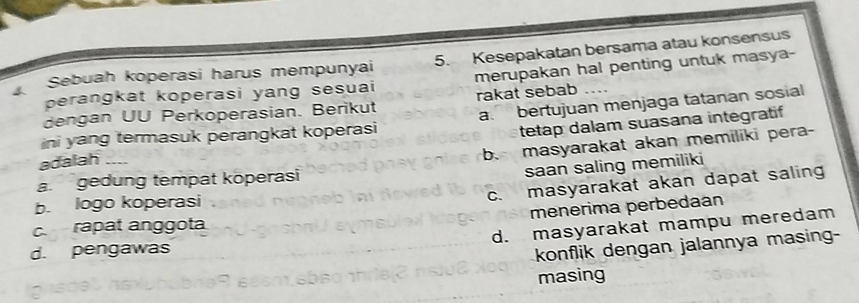 Kesepakatan bersama atau konsensus
Sebuah koperasi harus mempunyai
perangkat koperasi yang sesuai merupakan hal penting untuk masya-
dengan UU Perkoperasian. Berikut rakat sebab ..
ini yang termasuk perangkat koperasi a. bertujuan menjaga tatanan sosial
tetap dalam suasana integratif
adalah_
b. masyarakat akan memiliki pera-
a. gedung tempat koperasi
saan saling memiliki
c. masyarakat akan dapat saling
b. logo koperasi
menerima perbedaan
c. rapat anggota
d. masyarakat mampu meredam
d. pengawas
konflik dengan jalannya masing-
masing