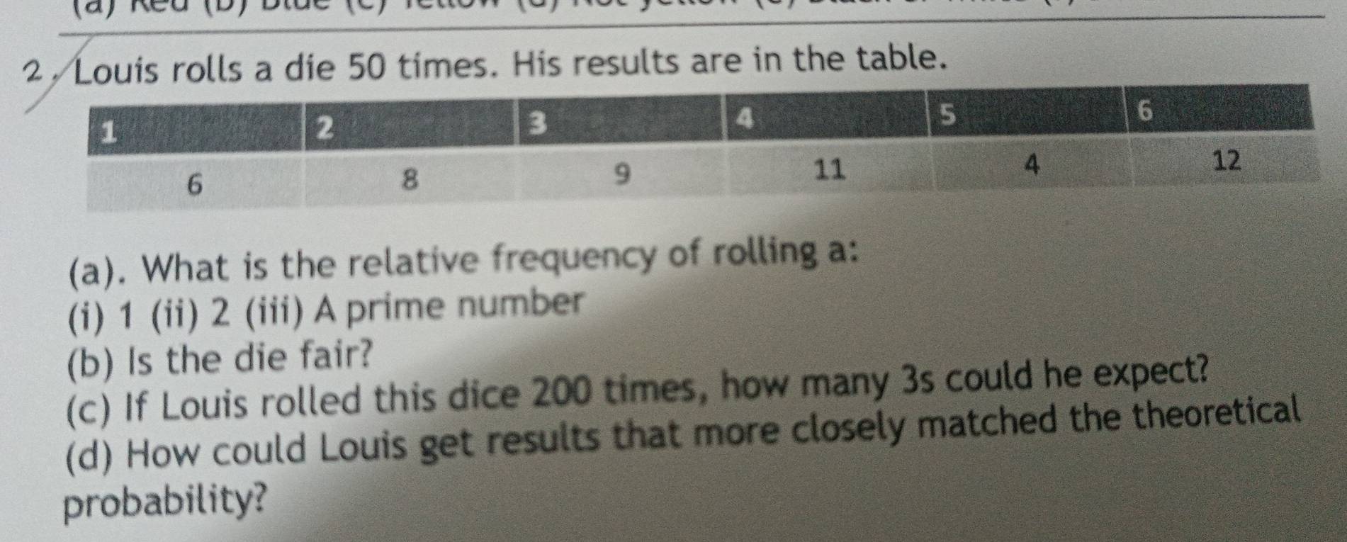 Reu (b) 
2, Louis rolls a die 50 times. His results are in the table. 
(a). What is the relative frequency of rolling a: 
(i) 1 (ii) 2 (iii) A prime number 
(b) Is the die fair? 
(c) If Louis rolled this dice 200 times, how many 3s could he expect? 
(d) How could Louis get results that more closely matched the theoretical 
probability?