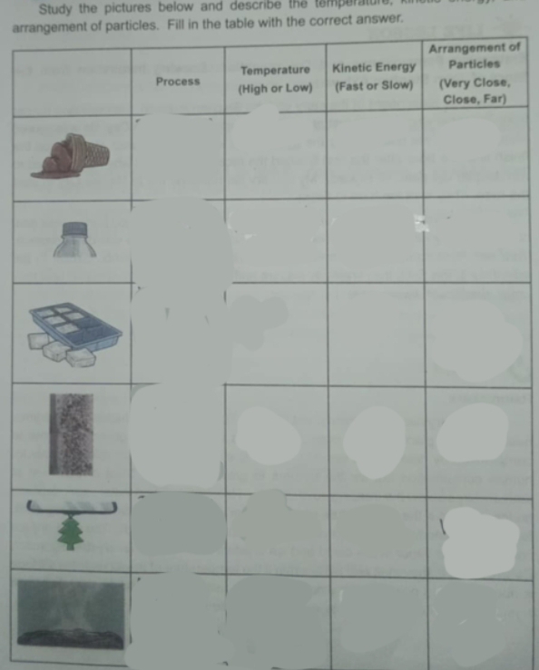 Study the pictures below and describe the temperature, 
arrangement of particles. Fill in the table with the correct answer. 
of 
, 
)