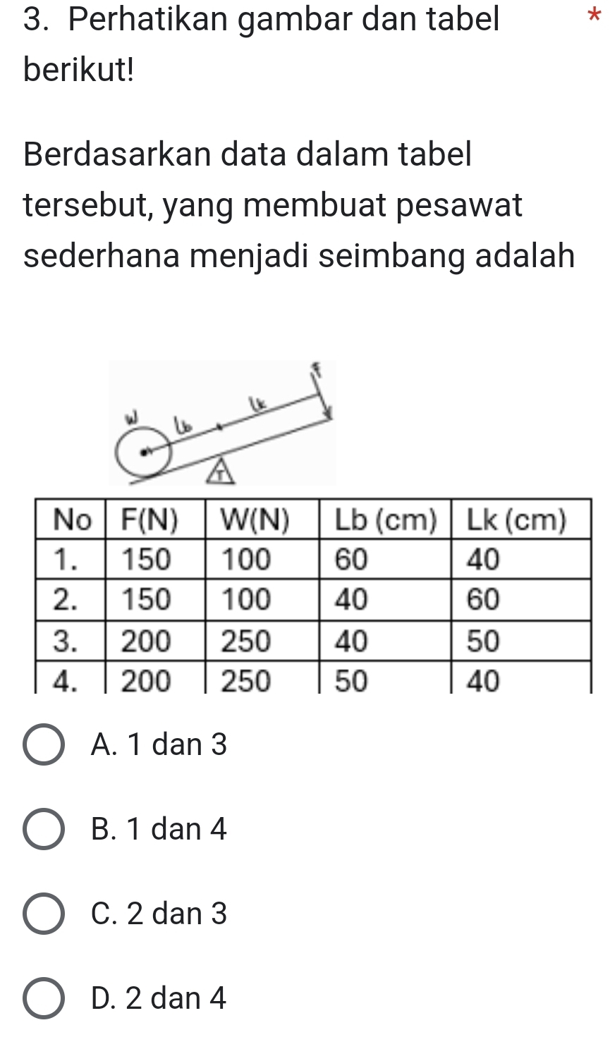 Perhatikan gambar dan tabel
*
berikut!
Berdasarkan data dalam tabel
tersebut, yang membuat pesawat
sederhana menjadi seimbang adalah
l
A. 1 dan 3
B. 1 dan 4
C. 2 dan 3
D. 2 dan 4