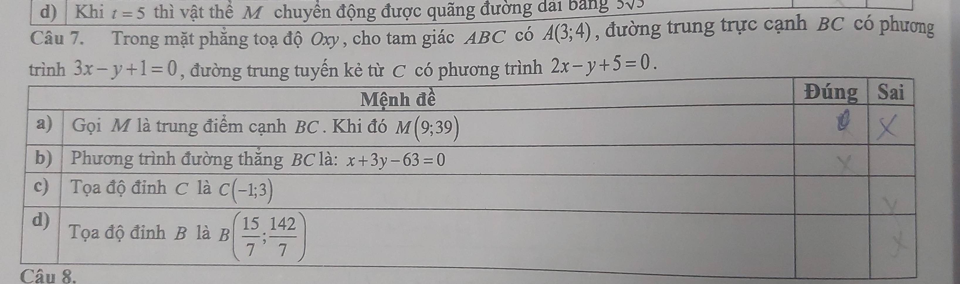 Khi t=5 thì vật thể M chuyền động được quãng đường dai bảng 305
Câu 7. Trong mặt phẳng toạ độ Oxy, cho tam giác ABC có A(3;4) , đường trung trực cạnh BC có phương
trình 3x-y+1=0 kẻ từ C có phương trình 2x-y+5=0.
Câu 8.