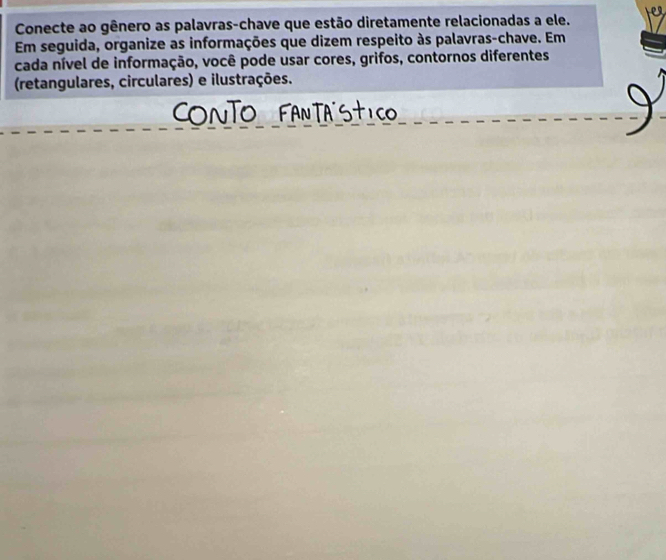 Conecte ao gênero as palavras-chave que estão diretamente relacionadas a ele. 
Em seguida, organize as informações que dizem respeito às palavras-chave. Em 
cada nível de informação, você pode usar cores, grifos, contornos diferentes 
(retangulares, circulares) e ilustrações.