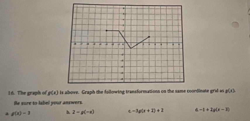 The graph of g(x) is above. Graph the following transformations on the same coordinate grid as g(x). 
Be sure to label your answers.
d.
a g(x)-3
b. 2-g(-x) -3g(x+2)+2 -1+2g(x-3)
C.