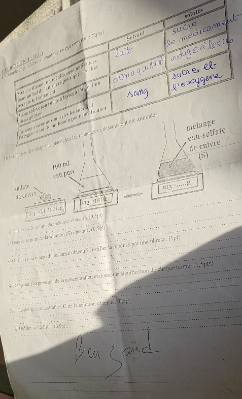 XE
m|3°·s ·s g
_
_  Quelic est la nature du
_2/ Donner le nom de la solution (S) obtenue (0.5p1)
_
_ 3/ Quelle est la masse du mélange obtenu ? Justifier la réponse par une phrase. (1pt)
_
4/ Rappeler l'expression de la concentration et donner la signification de chaque terme. 1,5pts
_
_
5/ Calculer la concentration C de la solution obtenue. (0,5pt)
_
/ Définir solubilit 0.5p.
_
_
_