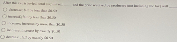 After this tax is levied, total surplus will _and the price received by producers (not including the tax) will_
decrease; fall by less than $0.50
increas( fall by less than $0.50
increase; increase by more than $0.50
increase; increase by exactly $0.50
decrease; fall by exactly $0.50