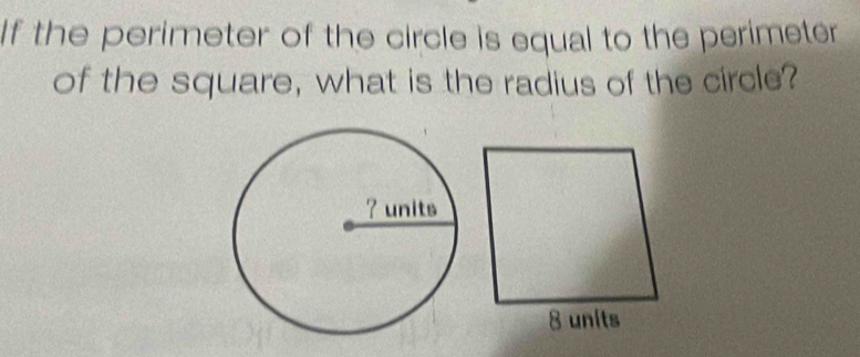 If the perimeter of the circle is equal to the perimeter 
of the square, what is the radius of the circle?