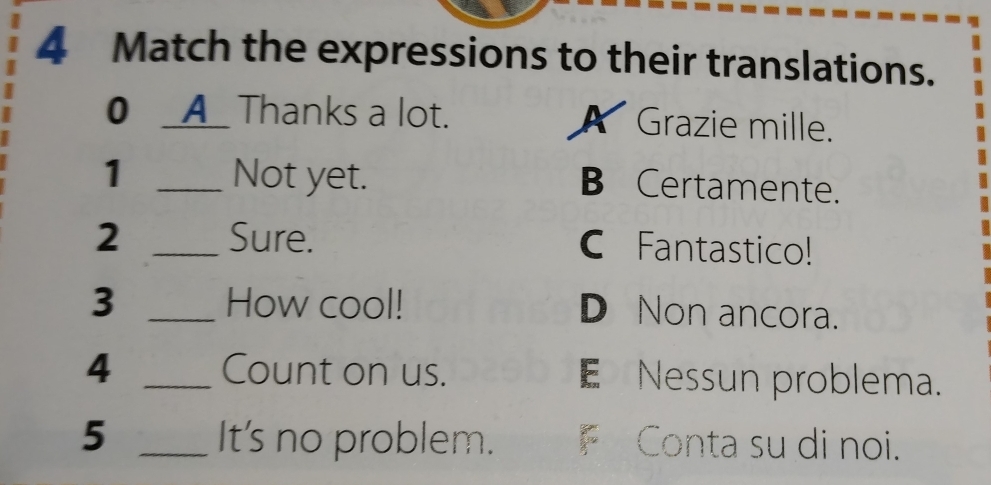 Match the expressions to their translations.
0 _▲_ Thanks a lot. A Grazie mille.
1 _Not yet. B Certamente.
2 _Sure. C Fantastico!
3 _How cool! D Non ancora.
4 _Count on us. E Nessun problema.
5 _It's no problem. F Conta su di noi.