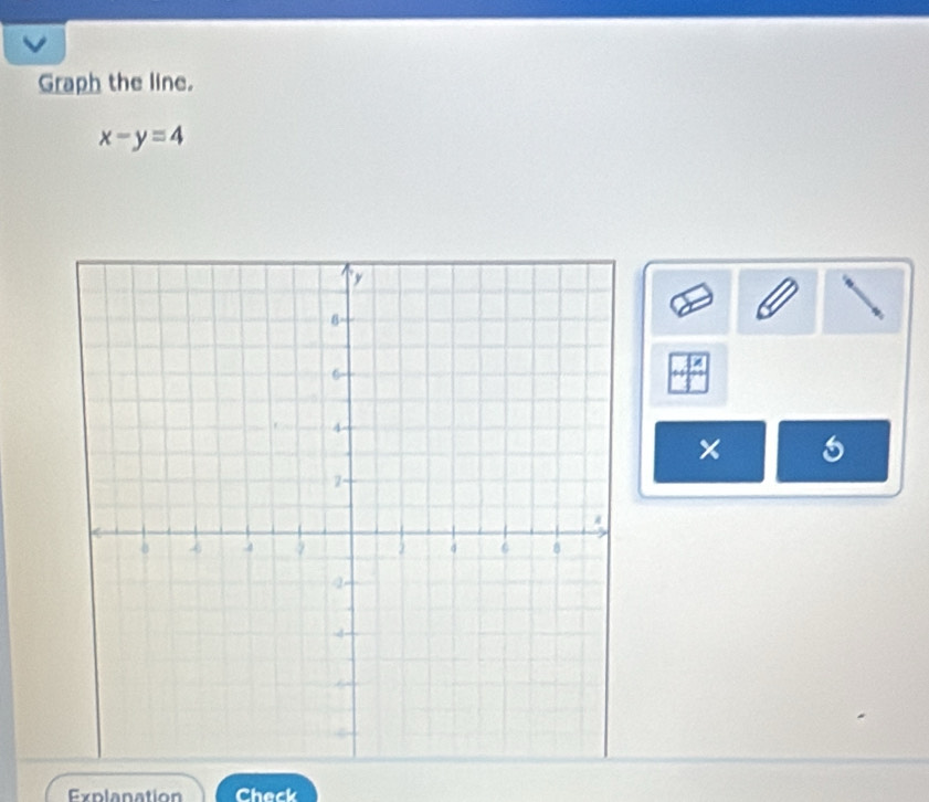 Graph the line.
x-y=4
× 
Explanation Check