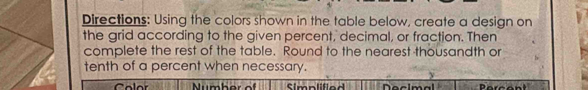 Directions: Using the colors shown in the table below, create a design on 
the grid according to the given percent, decimal, or fraction. Then 
complete the rest of the table. Round to the nearest thousandth or 
tenth of a percent when necessary. 
Co lo Numher of simblch ecimal Paroant
