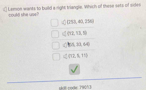 Lemon wants to build a right triangle. Which of these sets of sides
could she use?
 253,40,256
 12,13,5
 55,33,64
 12,5,11
skill code: 79013