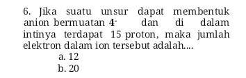 Jika suatu unsur dapat membentuk
anion bermuatan 4 dan di dalam
intinya terdapat 15 proton,maka jumlah
elektron dalam ion tersebut adalah....
a. 12
b. 20