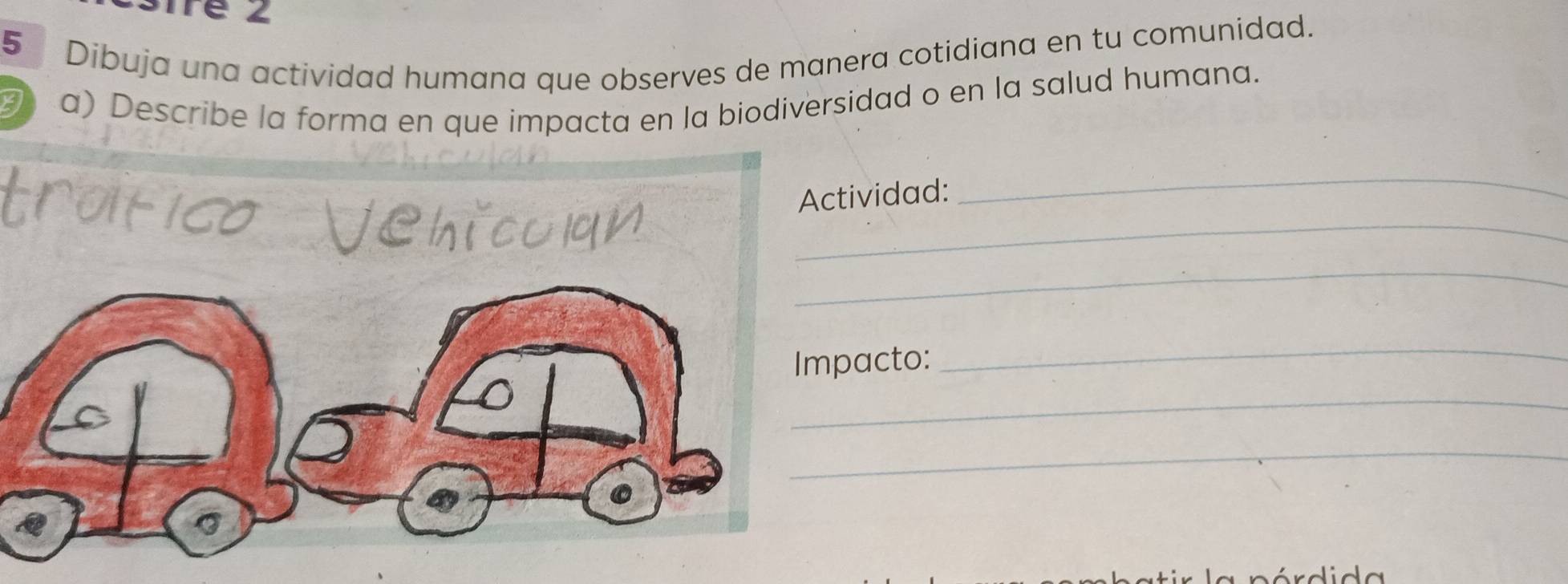 Tre 2 
5 
Dibuja una actividad humana que observes de manera cotidiana en tu comunidad. 
X a) Describe la forma en que impacta en la biodiversidad o en la salud humana. 
_ 
ividad: 
_ 
_ 
acto: 
_ 
_ 
_