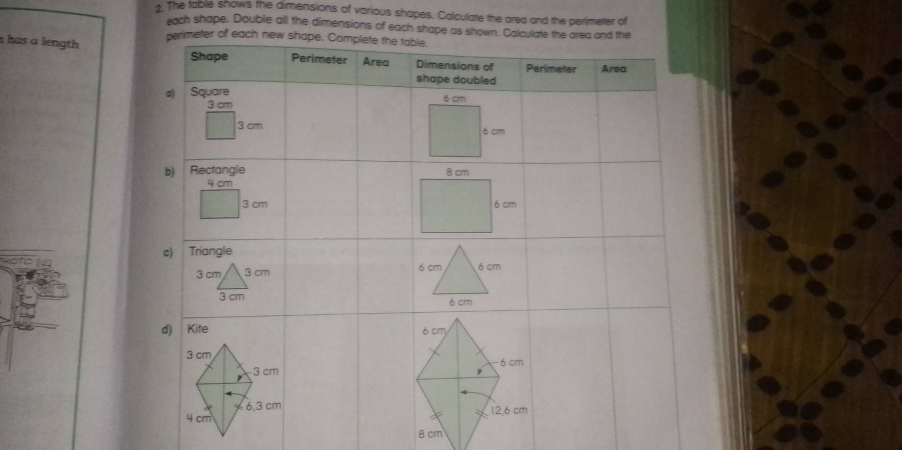 The table shows the dimensions of various shapes. Calculate the area and the perimeter of 
each shape. Double all the dimensions of each shape as show 
has a length