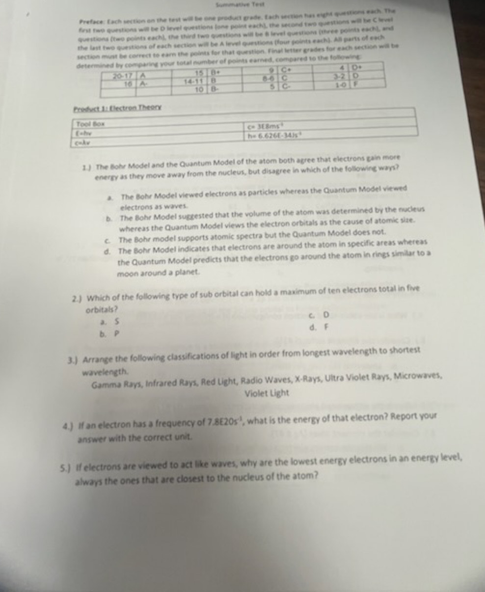 Summative Test
Preface: Each section on the test will be one product grade, Each section has eight questions each. The
first two questions will be D level questions (one polnteach), the second two questions will be C level
questions (two points each), the third two questions will be 8 level questions (three points each), and
the last two questions of each section will be A level questions (four points each). All parts of each
section must be correct to earn the points for that question. Final letter grades for each section will be
e following:
Product 1: Electron Theory
1.J The Bohr Model and the Quantum Model of the atom both agree that electrons gain more
energy as they move away from the nucleus, but disagree in which of the following ways?
a. The Bohr Model viewed electrons as particles whereas the Quantum Model viewed
electrons as waves.
b. The Bohr Model suggested that the volume of the atom was determined by the nucleus
whereas the Quantum Model views the electron orbitals as the cause of atomic size.
c. The Bohr model supports atomic spectra but the Quantum Model does not.
d. The Bohr Model indicates that electrons are around the atom in specific areas whereas
the Quantum Model predicts that the electrons go around the atom in rings similar to a
moon around a planet.
2.) Which of the following type of sub orbital can hold a maximum of ten electrons total in five
orbitals?
c. D
a. S
d. F
b. P
3.) Arrange the following classifications of light in order from longest wavelength to shortest
wavelength.
Gamma Rays, Infrared Rays, Red Light, Radio Waves, X-Rays, Ultra Violet Rays, Microwaves,
Violet Light
4.) If an electron has a frequency of 7.8E20s^(-1) , what is the energy of that electron? Report your
answer with the correct unit.
5.) If electrons are viewed to act like waves, why are the lowest energy electrons in an energy level,
always the ones that are closest to the nucleus of the atom?