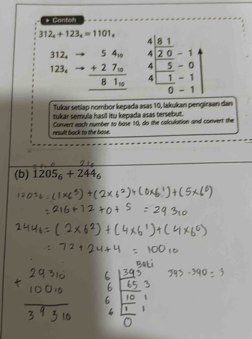 Contoh
312_4+123_4=1101_4 beginarrayr 4| 81/20  -14 4| 5/5 -0|-1| 4| 1/0 -1|endarray
312_4
123_4 beginarrayr 54_10 +27_10 hline 81_10 hline endarray
Tukar setiap nombor kepada asas 10, lakukan pengiraan dan 
tukar semula hasil itu kepada asas tersebut. 
Convert each number to base 10, do the calculation and convert the 
result back to the base. 
(b) 1205_6+244_6