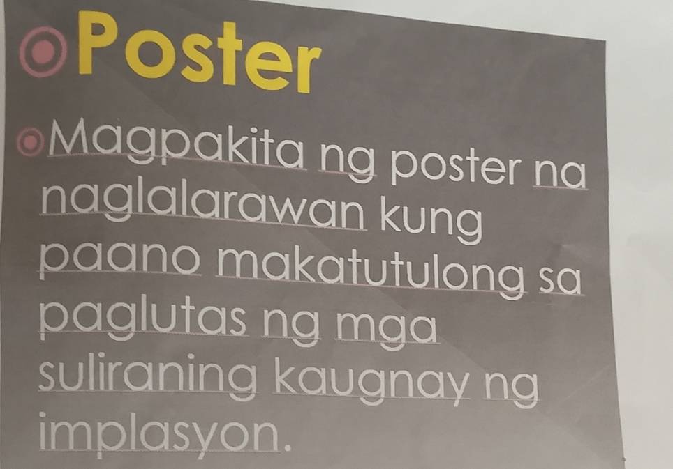 Poster 
Magpakita ng poster na 
naglalarawan kung 
paano makatutulong sa 
paglutas ng mga 
suliraning kaugnay ng 
implasyon.