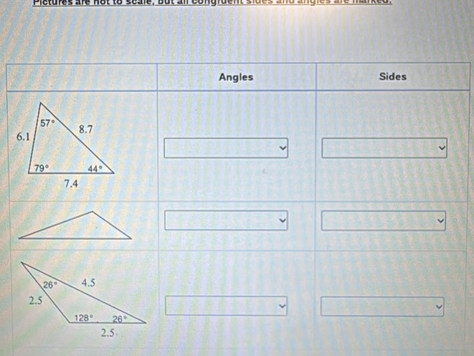 Pletures are not to scale, but all congrdent s id
Angles Sides