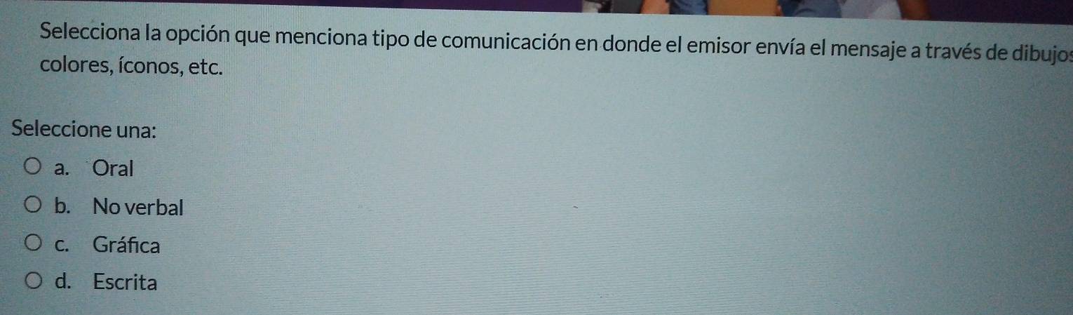 Selecciona la opción que menciona tipo de comunicación en donde el emisor envía el mensaje a través de dibujos
colores, íconos, etc.
Seleccione una:
a. Oral
b. No verbal
c. Gráfica
d. Escrita