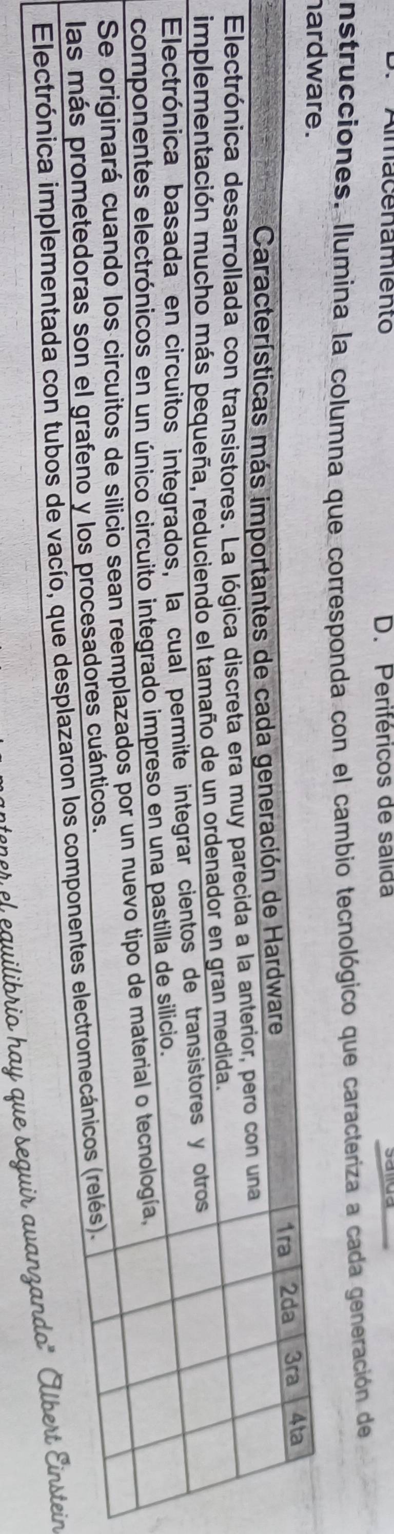 Almacenamiento D. Periféricos de salida 
instrucciones. llumina la columna que corresponda con el cambio tecnológico que caracteriza a cada generación de 
h 
nay r